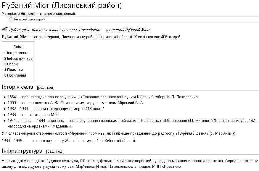 З історії села - Рубаний Міст